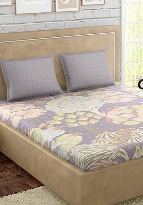 Grey And Beige Floral 300 Tc Cotton 1 Queen Bedsheet With 2 Pillow Covers