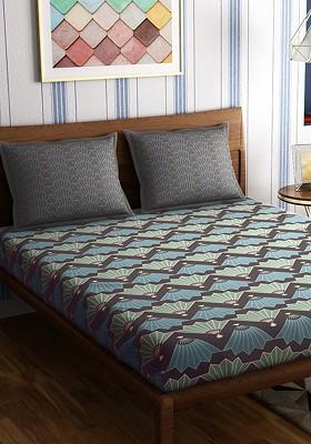 Grey And Green Abstract 300 Tc Cotton 1 Queen Bedsheet With 2 Pillow Covers