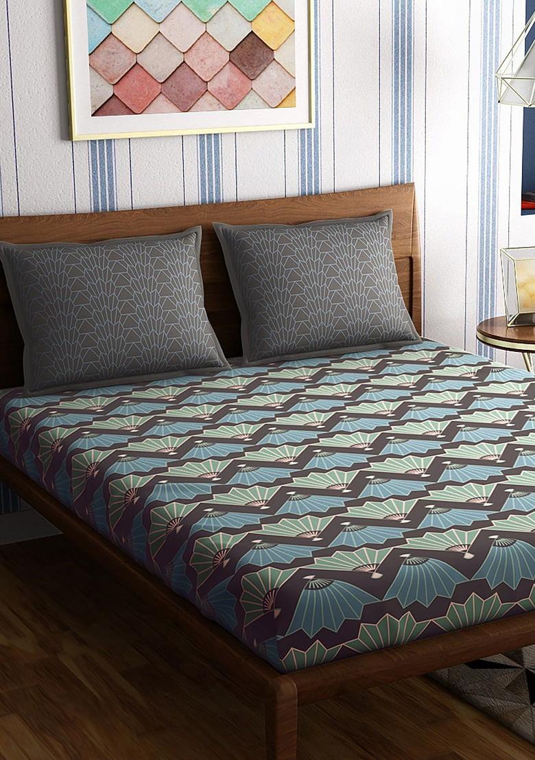 Grey And Green Abstract 300 Tc Cotton 1 Queen Bedsheet With 2 Pillow Covers