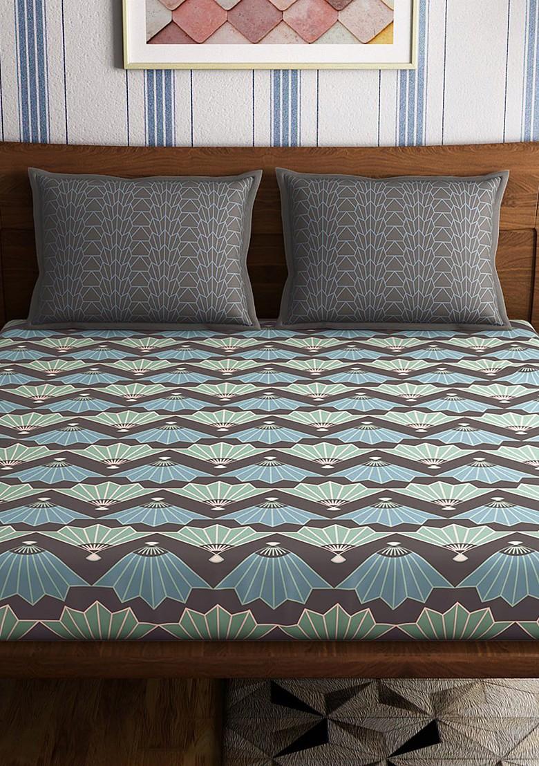 Grey And Green Abstract 300 Tc Cotton 1 Queen Bedsheet With 2 Pillow Covers