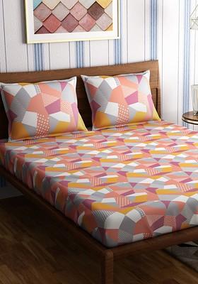 Multicoloured Geometric 300 Tc Cotton 1 Queen Bedsheet With 2 Pillow Covers