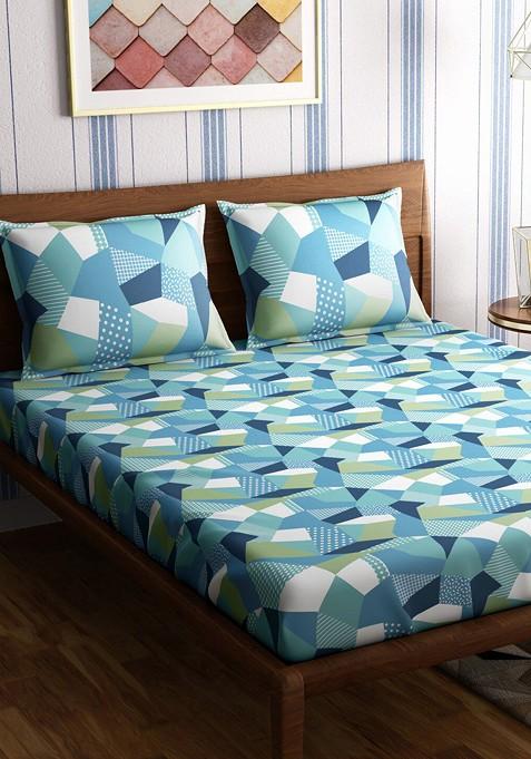 Multicoloured Geometric 300 Tc Cotton 1 Queen Bedsheet With 2 Pillow Covers