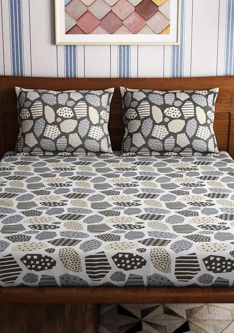 Grey Abstract 300 Tc Cotton 1 Queen Bedsheet With 2 Pillow Covers
