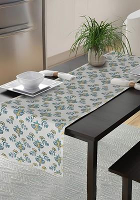 Beige And Blue Floral Block Printed Pure Cotton Table Runner