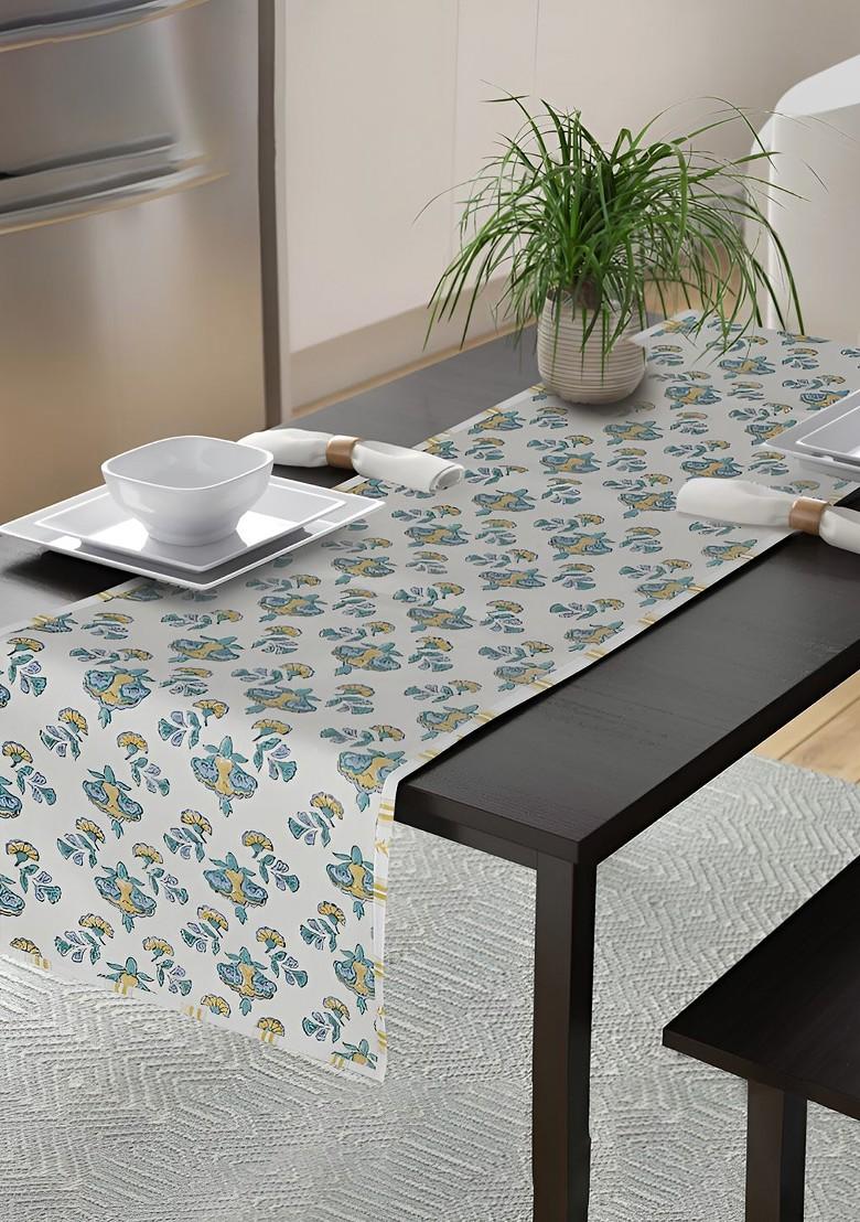 Beige And Blue Floral Block Printed Pure Cotton Table Runner