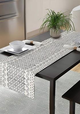 CreamColored And Black Geometric Block Printed Cotton Table Runner