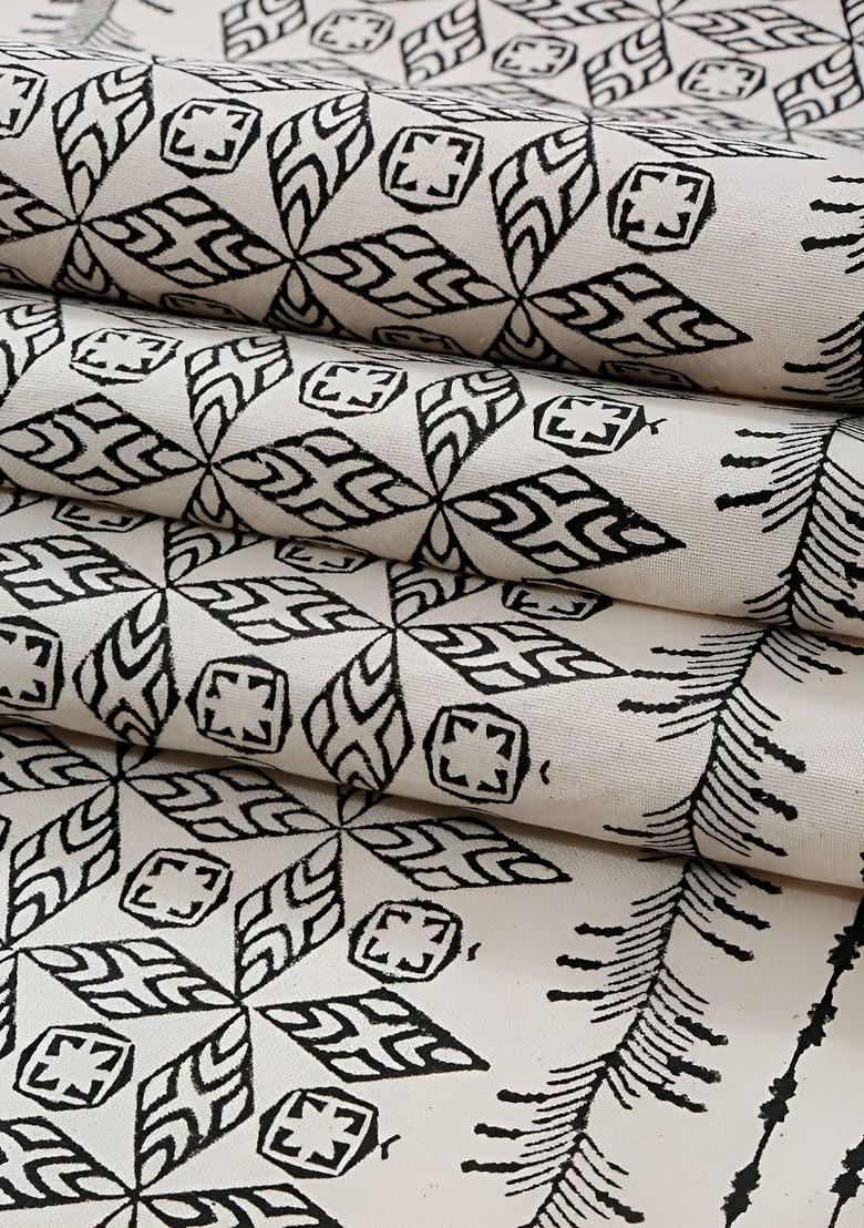 CreamColored And Black Geometric Block Printed Cotton Table Runner