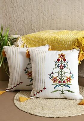 White And Green 2 Pieces Floral Embroidered Cotton Square Cushion Covers
