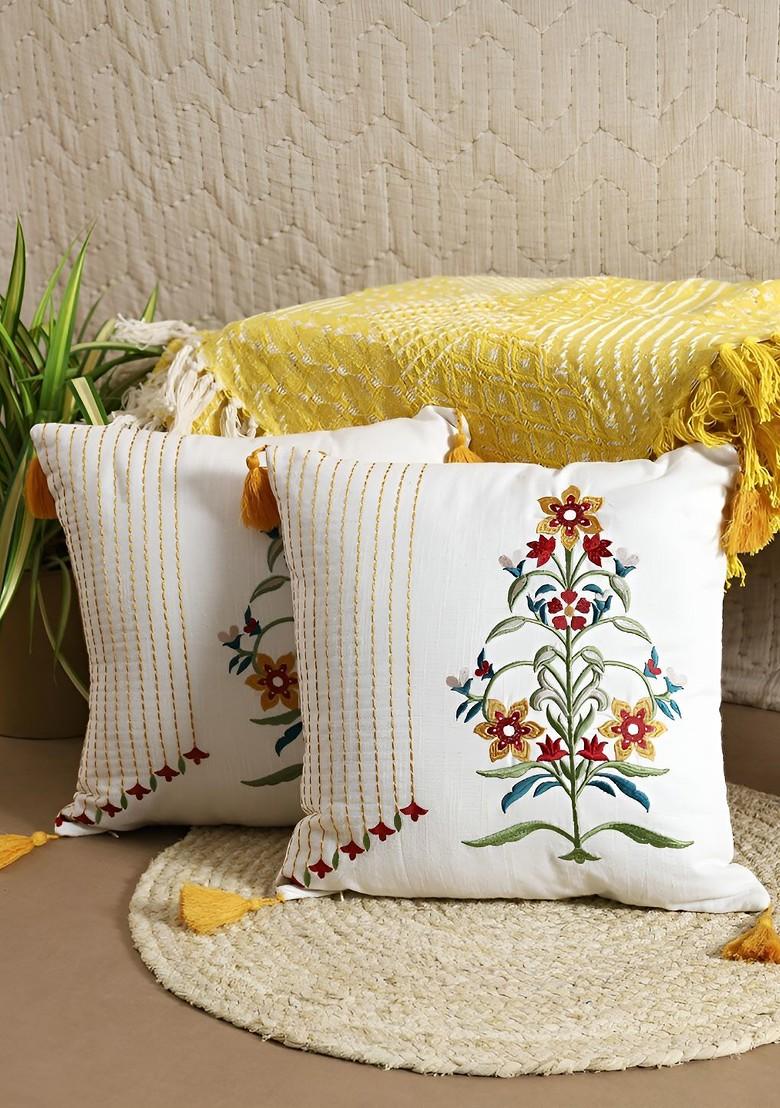 White And Green 2 Pieces Floral Embroidered Cotton Square Cushion Covers