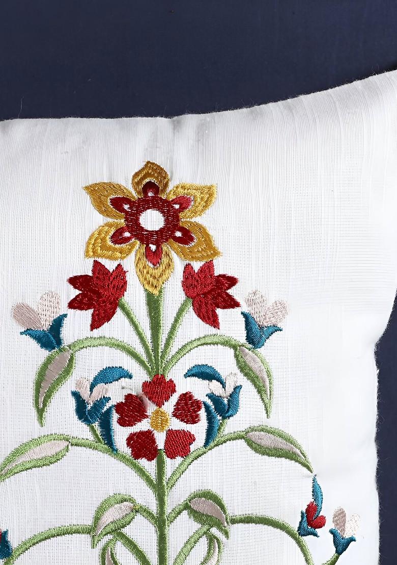 White And Green 2 Pieces Floral Embroidered Cotton Square Cushion Covers