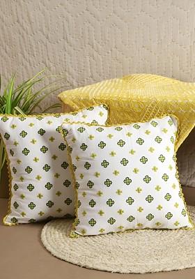 Green And Yellow 2 Pieces Floral Embroidered Cotton Square Cushion Covers