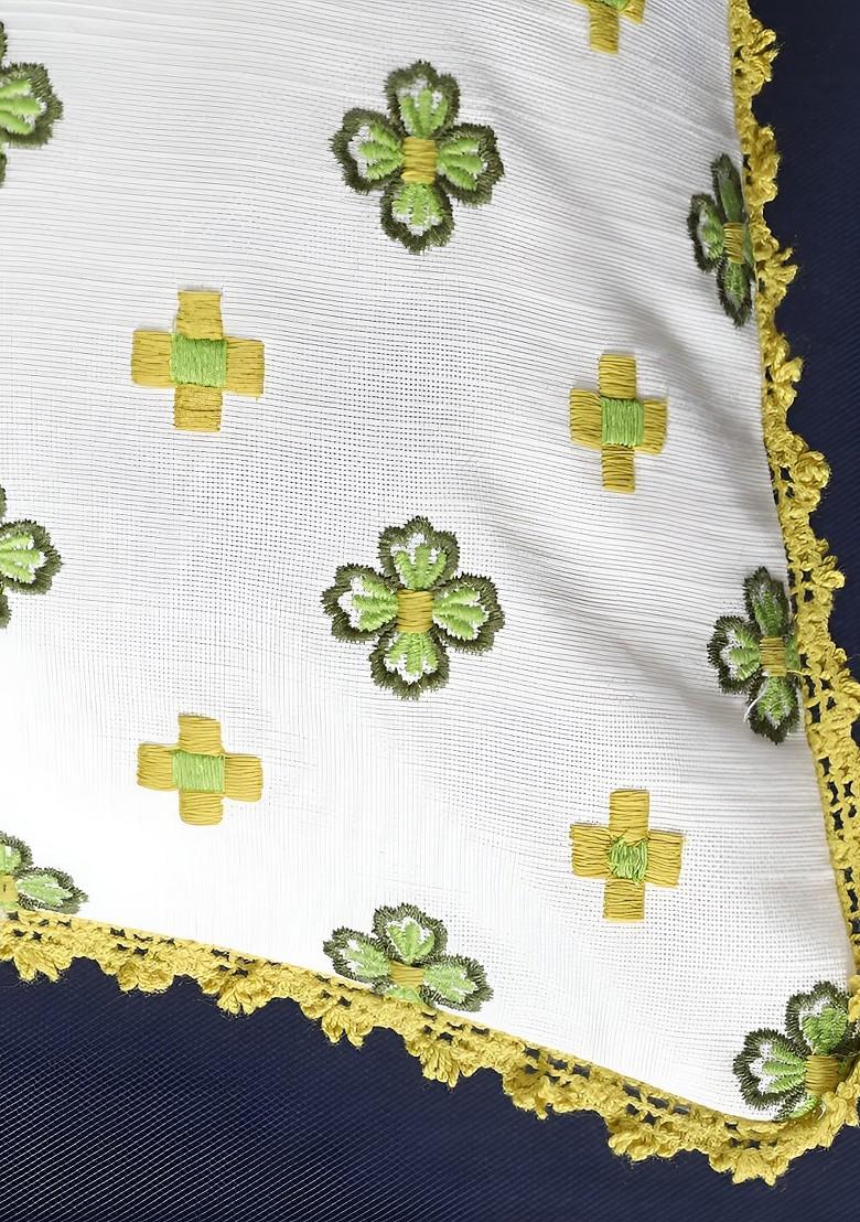 Green And Yellow 2 Pieces Floral Embroidered Cotton Square Cushion Covers