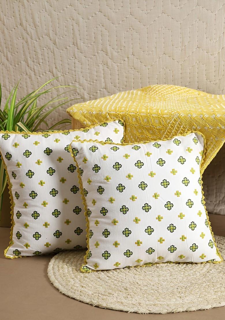 Green And Yellow 2 Pieces Floral Embroidered Cotton Square Cushion Covers