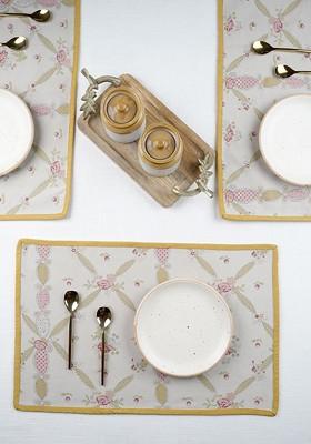 Grey And Beige 6 Pieces Floral Printed Pure Cotton Rectangular Table Placemats