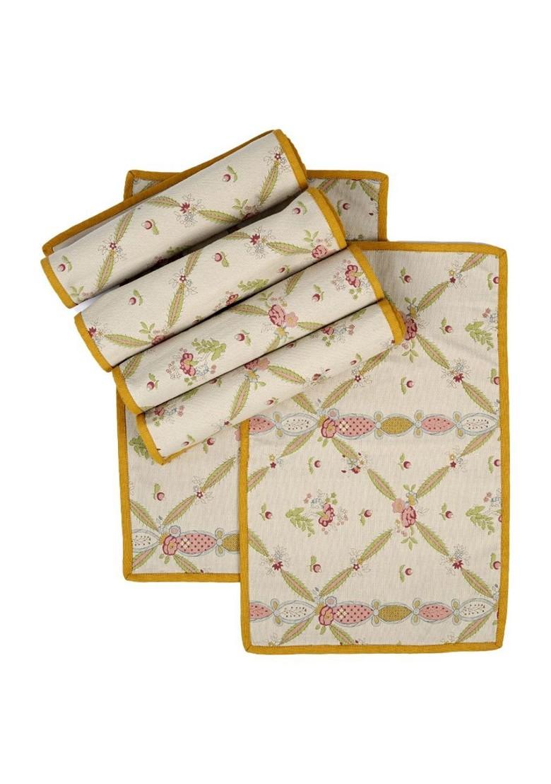 Grey And Beige 6 Pieces Floral Printed Pure Cotton Rectangular Table Placemats