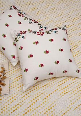 Red And Off White 2 Pieces Floral Embroidered Cotton Square Cushion Covers