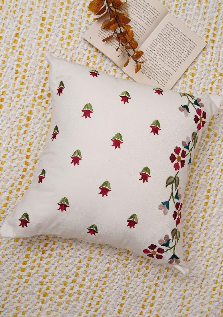 Red And Off White 2 Pieces Floral Embroidered Cotton Square Cushion Covers