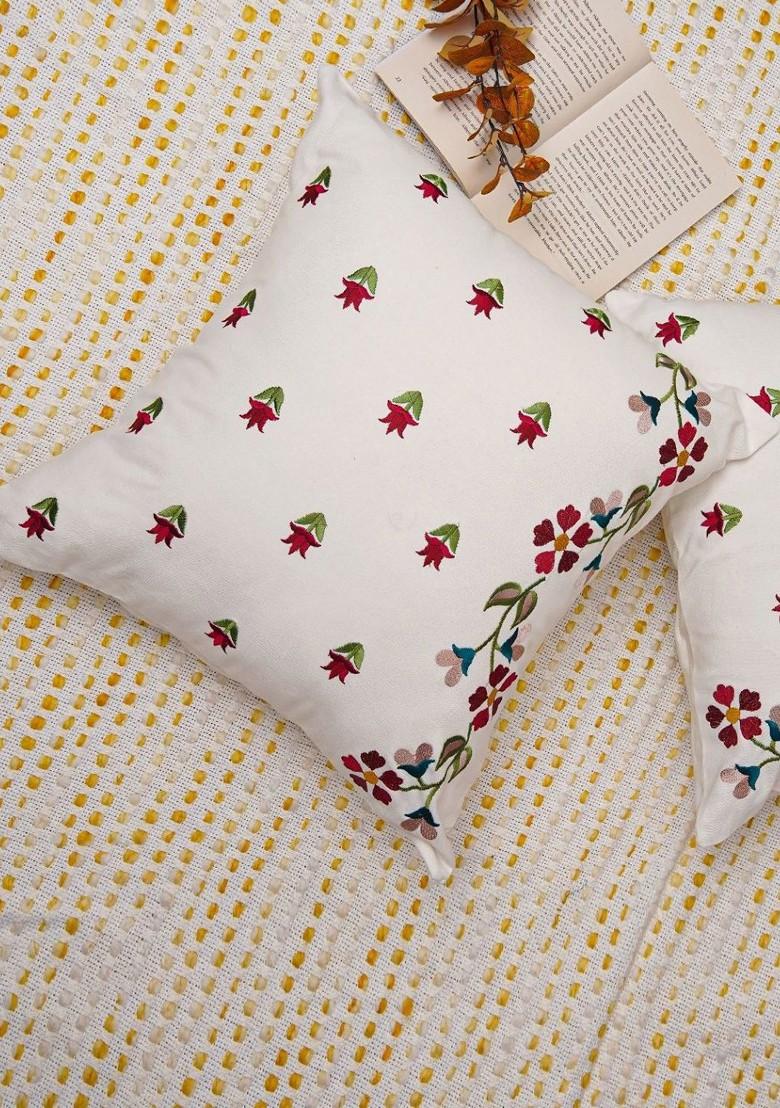 Red And Off White 2 Pieces Floral Embroidered Cotton Square Cushion Covers