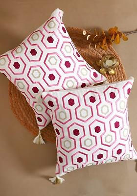 White And Pink 2 Pieces Geometric Embroidered Cotton Square Cushion Covers
