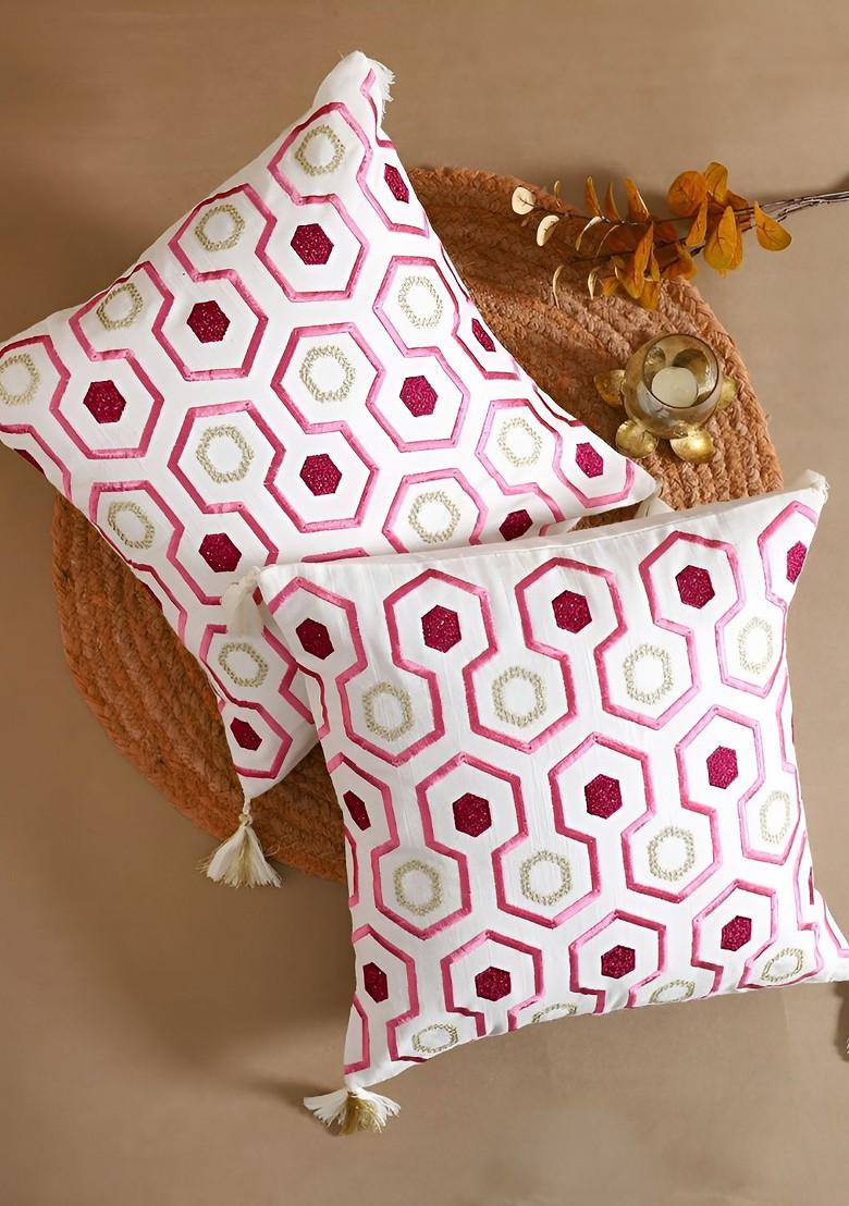 White And Pink 2 Pieces Geometric Embroidered Cotton Square Cushion Covers
