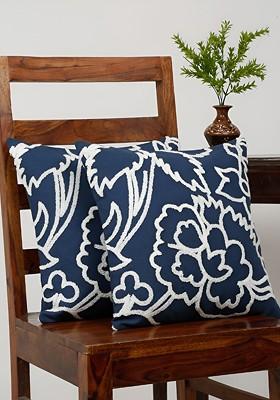 Navy Blue And White 2 Pieces Cotton Embroidered Square Cushion Covers