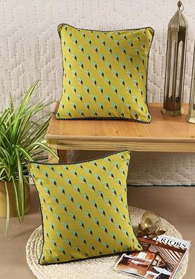 Green And Blue 2 Pieces Bird Printed Square Cotton Cushion Covers