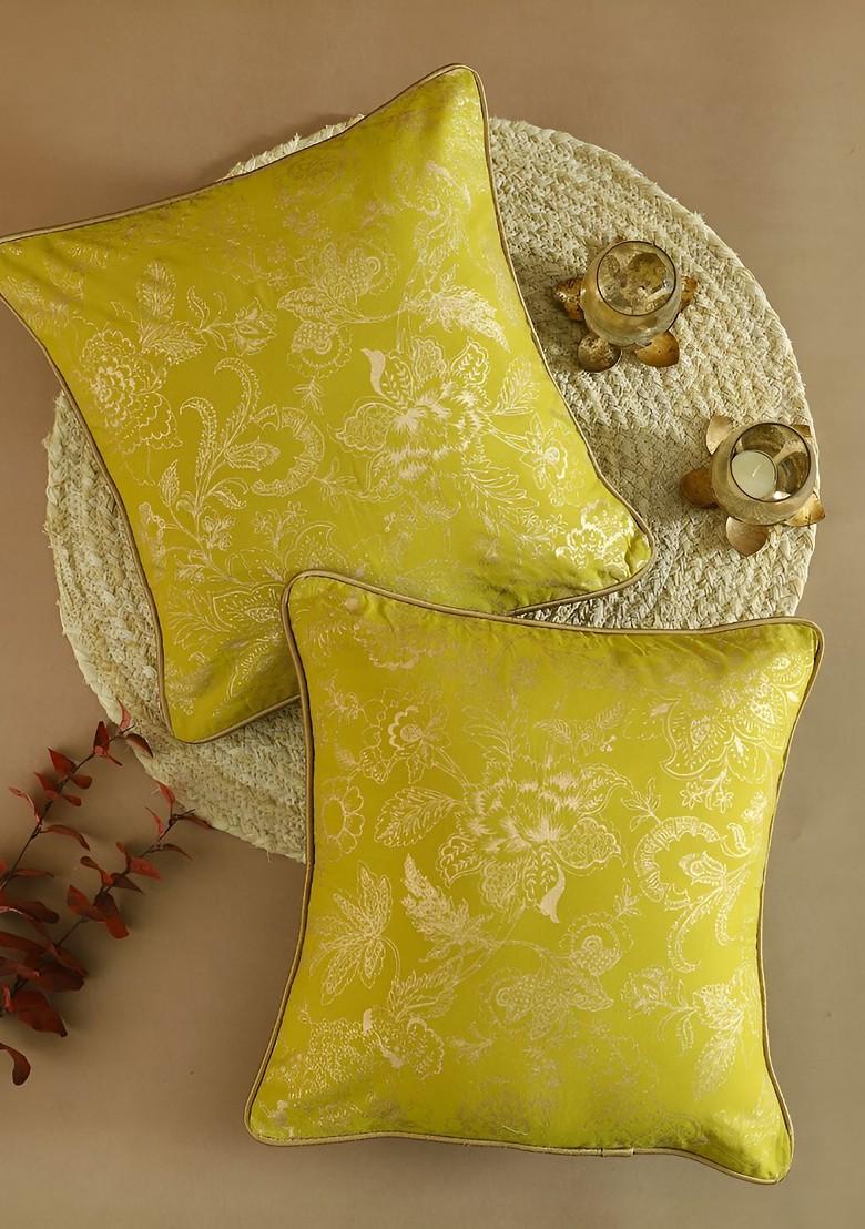 Mustard Yellow 2 Pieces Floral Printed Cotton Square Cushion Covers