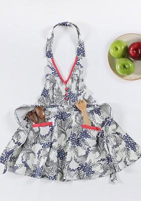 White And Navy Blue Floral Printed Cotton Bib Apron