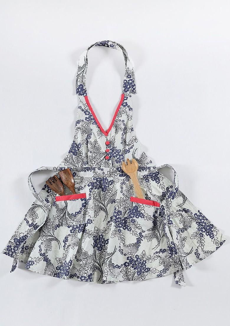 White And Navy Blue Floral Printed Cotton Bib Apron