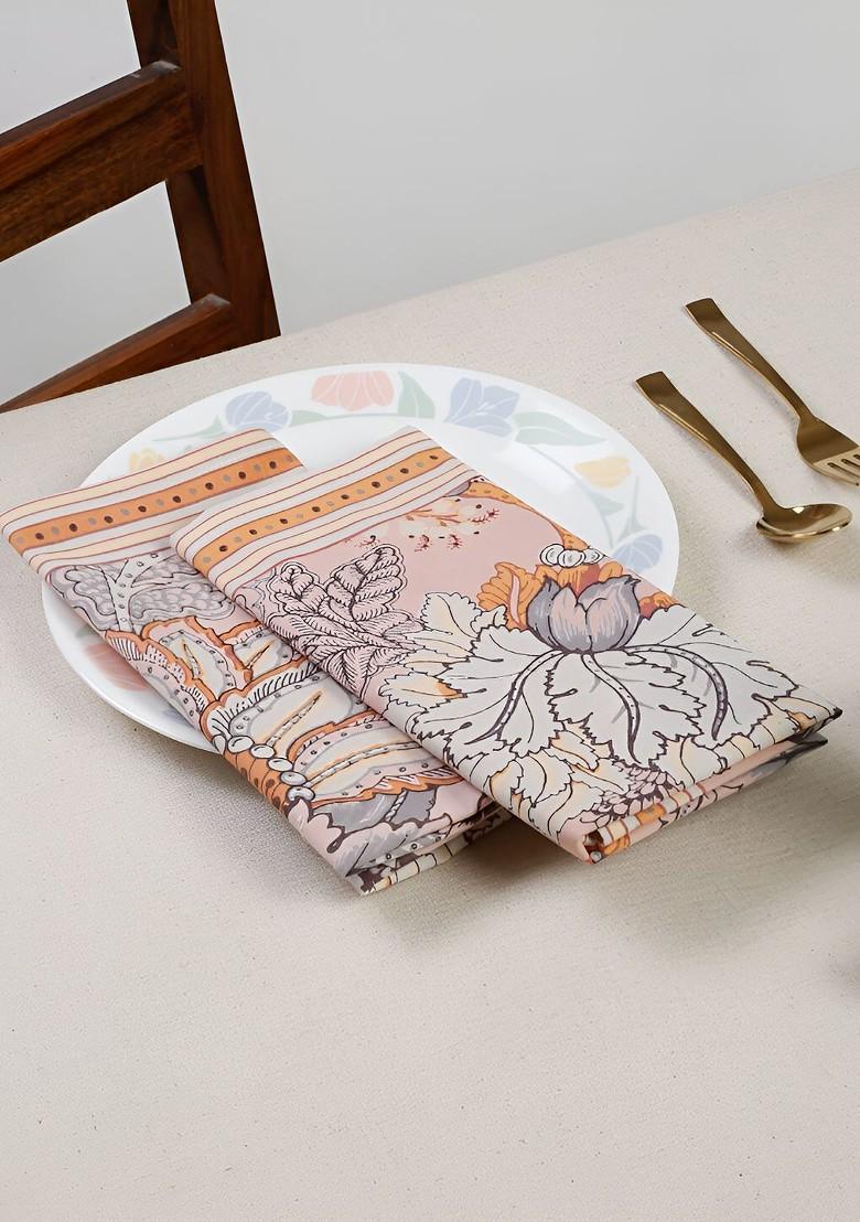 4 Pieces Peach And Grey Floral Printed Cotton Table Napkins