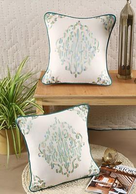 White And Green 2 Pieces Embroidered Square Cotton Cushion Covers