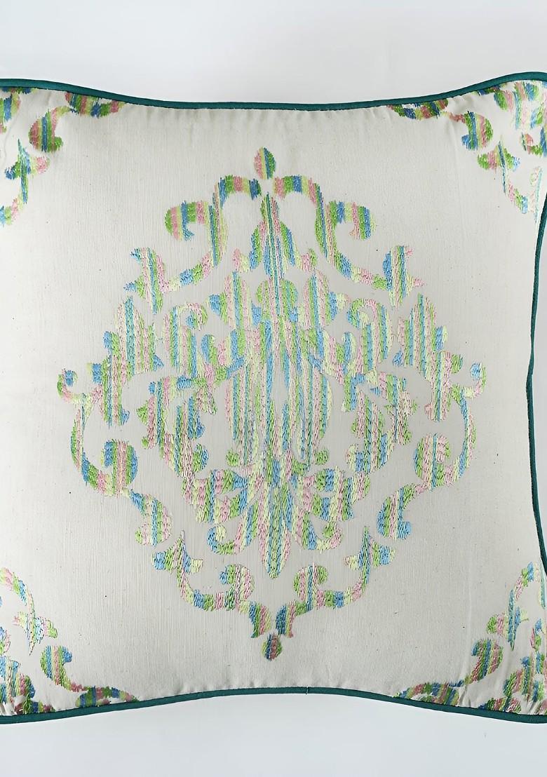 White And Green 2 Pieces Embroidered Square Cotton Cushion Covers