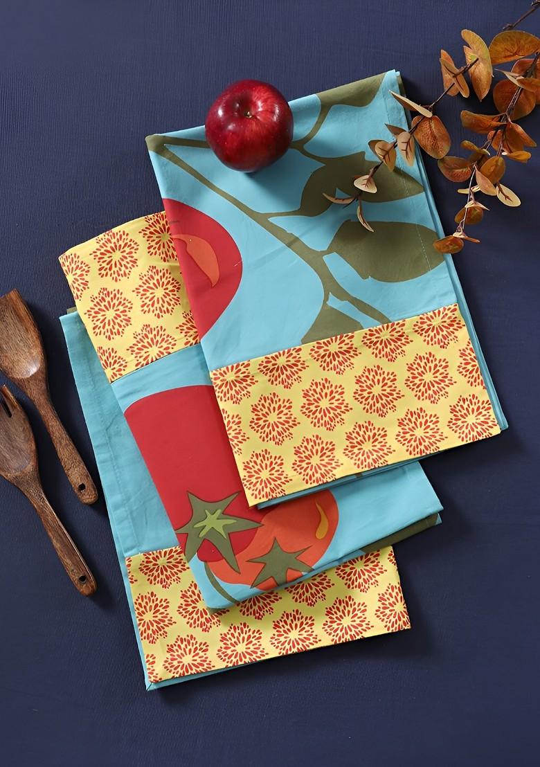 3Pcs Blue And Yellow Printed Cotton Kitchen Towels