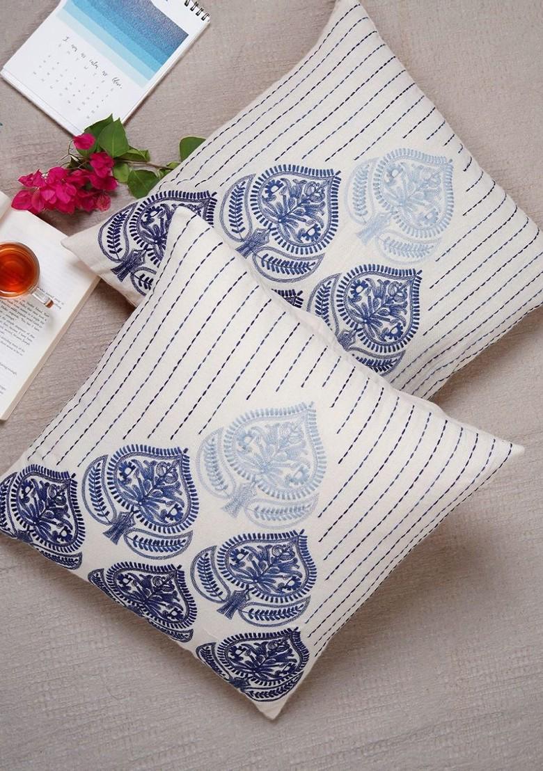 Blue 2 Pieces Ethnic Motifs Embroidered Pure Cotton Square Cushion Cover
