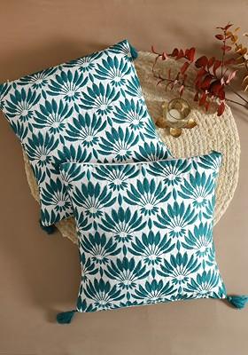 Teal Green And White 2 Pieces Floral Embroidered Cotton Square Cushion Covers