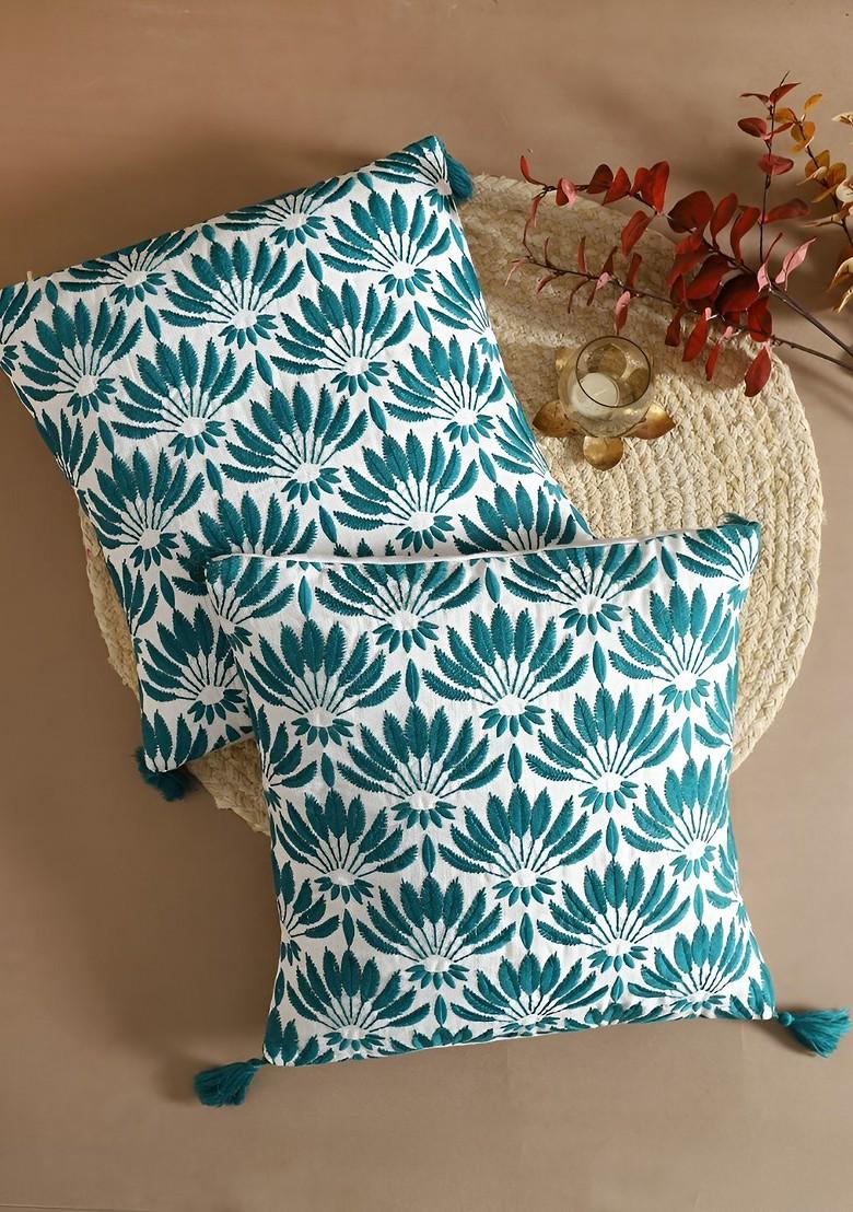 Teal Green And White 2 Pieces Floral Embroidered Cotton Square Cushion Covers