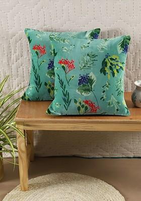 Green And Red 2 Pcs Floral Square Cotton Cushion Covers