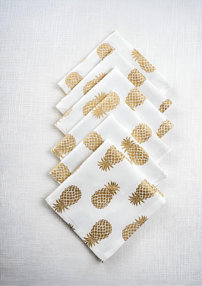 White And Beige 6 Pieces Gold Pineapple Printed Cotton Dinner Table Napkins