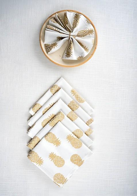 White And Beige 6 Pieces Gold Pineapple Printed Cotton Dinner Table Napkins