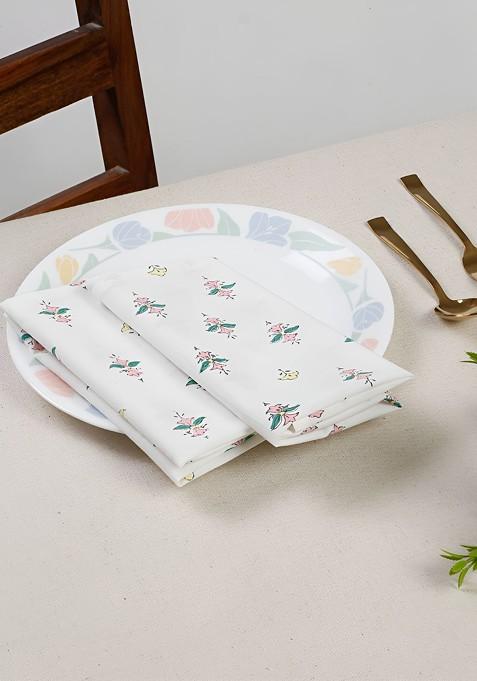 White 4 Pieces Printed Cotton Table Napkins