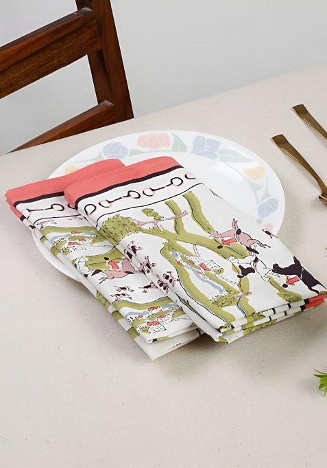 4 Pieces White Printed Cotton Table Napkins