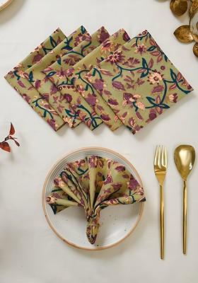 Green And Purple 6 Pieces Printed Cotton Table Napkins