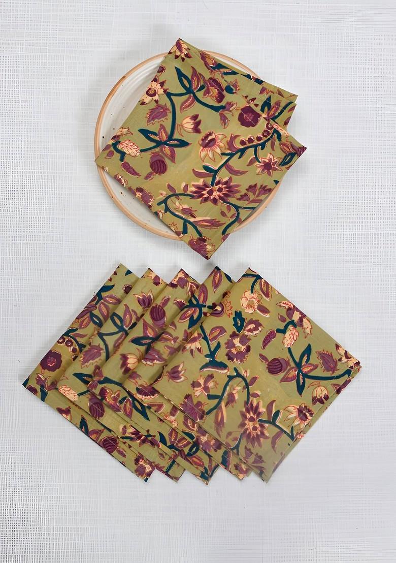 Green And Purple 6 Pieces Printed Cotton Table Napkins