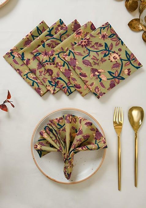 Green And Purple 6 Pieces Printed Cotton Table Napkins