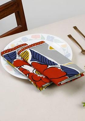 4Pcs Red And Grey Floral Printed Cotton Table Napkins