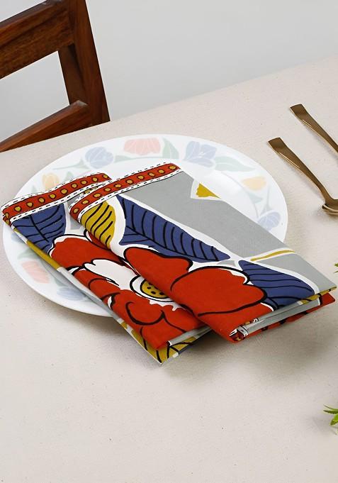 4Pcs Red And Grey Floral Printed Cotton Table Napkins