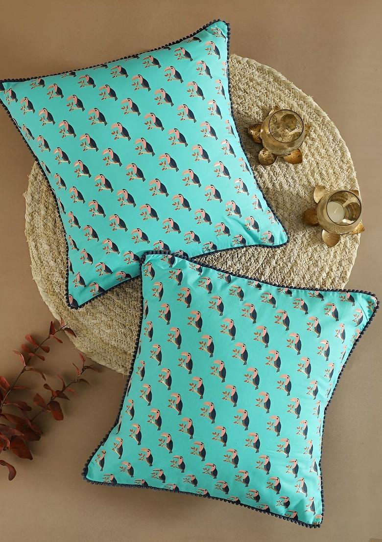 Blue And Pink 2 Pieces Bird Printed Square Cotton Cushion Covers