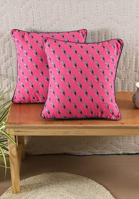 Pink And Blue 2 Pieces Bird Printed Square Cotton Cushion Covers