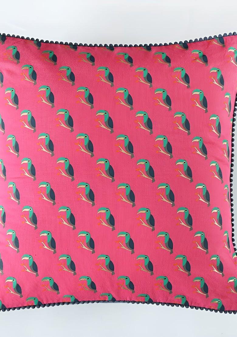 Pink And Blue 2 Pieces Bird Printed Square Cotton Cushion Covers