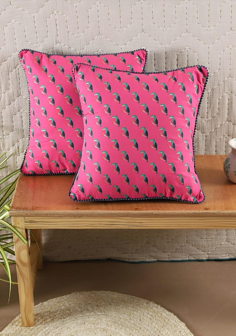 Pink And Blue 2 Pieces Bird Printed Square Cotton Cushion Covers